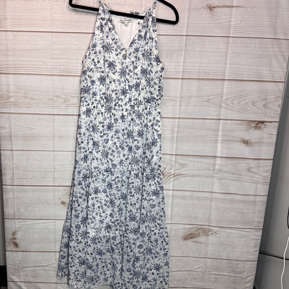 Cottagecore Womens Floral Halter Midi Dress Blue White V-Neck Tiered Size L